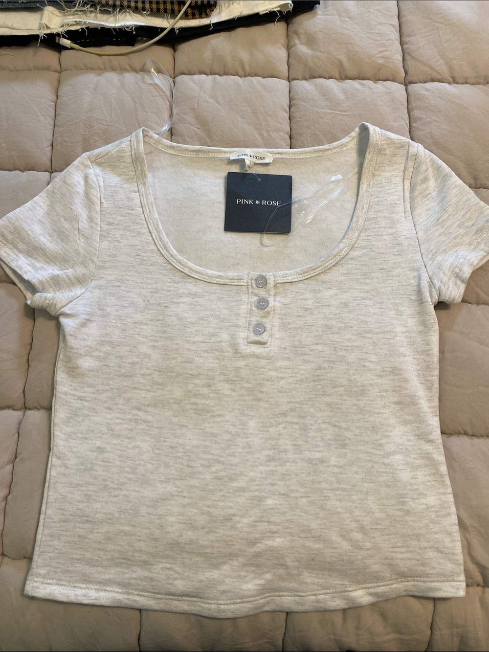 Pink Rose Cream Scoop Neck Short Sleeve Henley Top